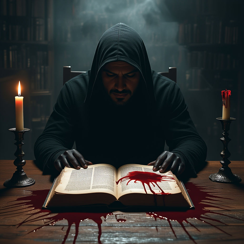 Cinematic Blood-Stained Book on Wooden Table