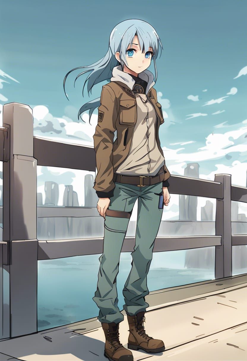 Anime Style Woman with Blue Hair on Bridge