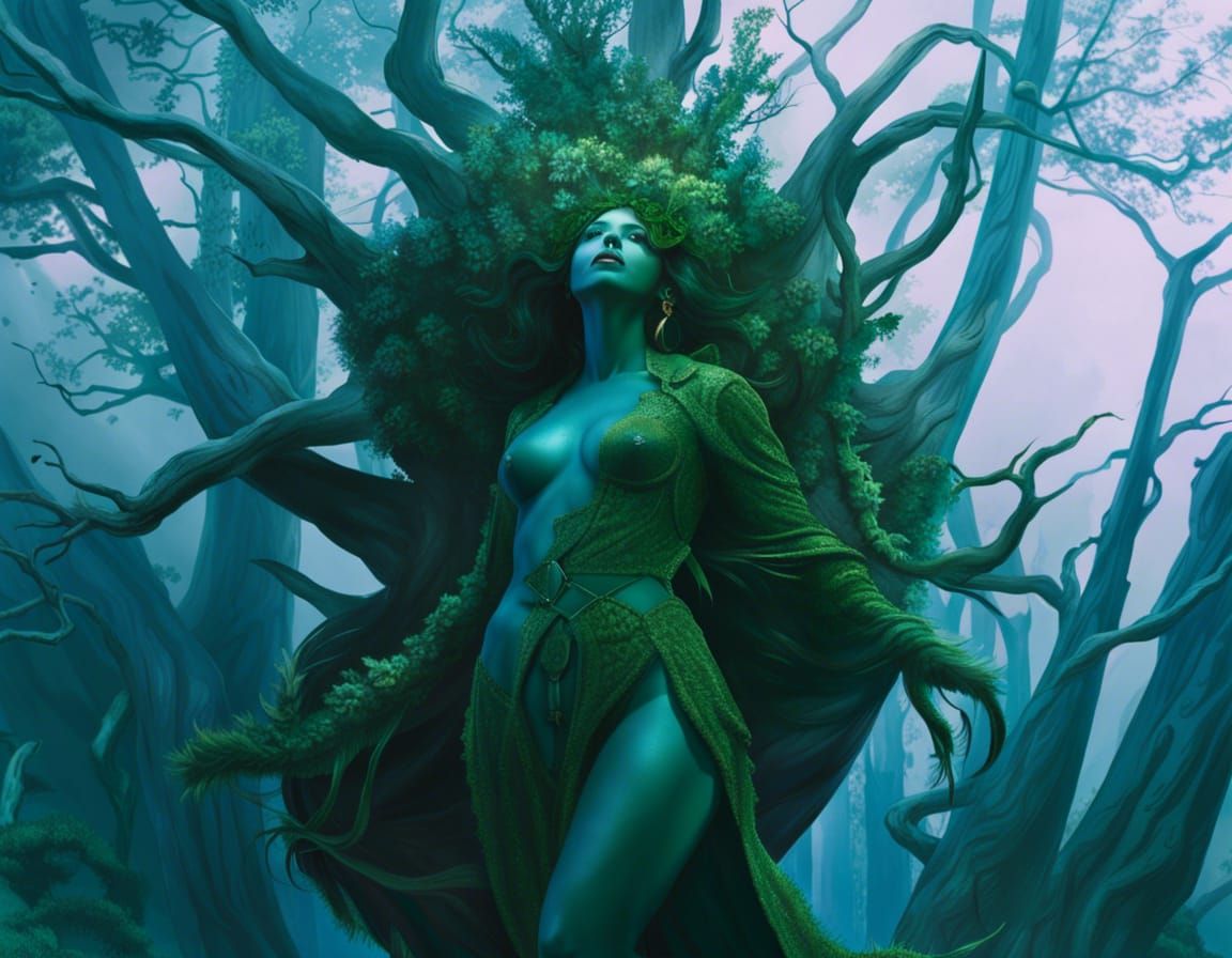 Green-Skinned Superheroine in Lush Forest: Fantasy Art