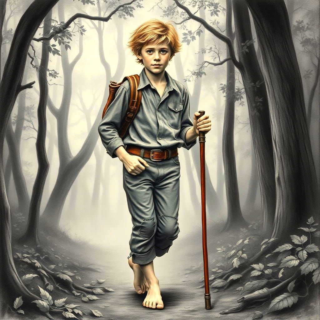 Tom Sawyer Walking Stick: Hyperdetailed Charcoal Drawing