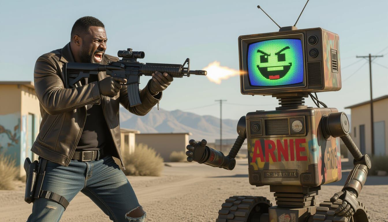 Idris Elba and Robot Companion in Cyberpunk Style