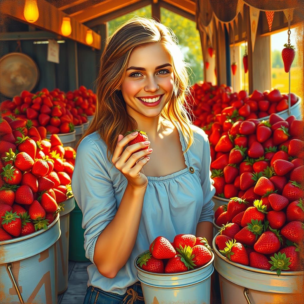 Warm Smile Surrounded by Strawberries in Sunny Festival Ligh...