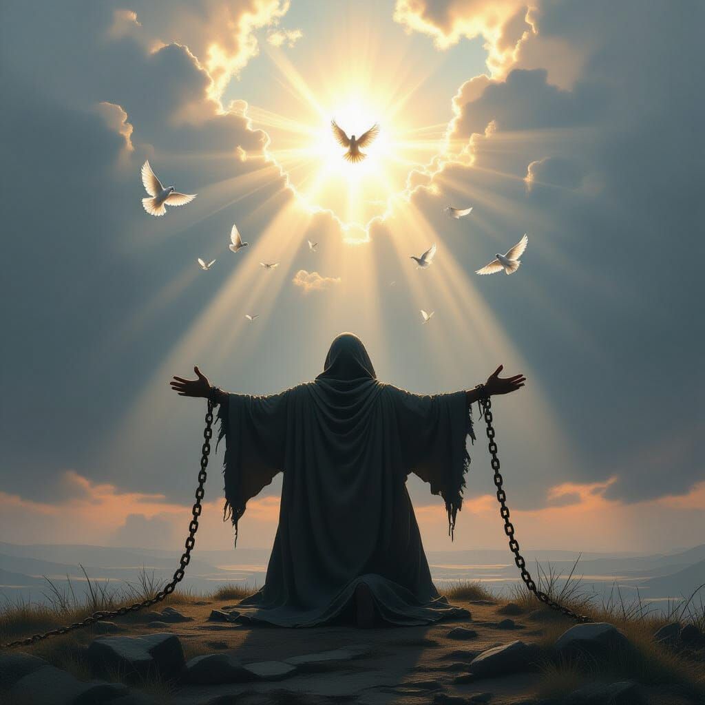 A radiant light breaks through stormy skies, shining on a lone figure kneeling on a hill, arms lifted in awe. Chains lie...