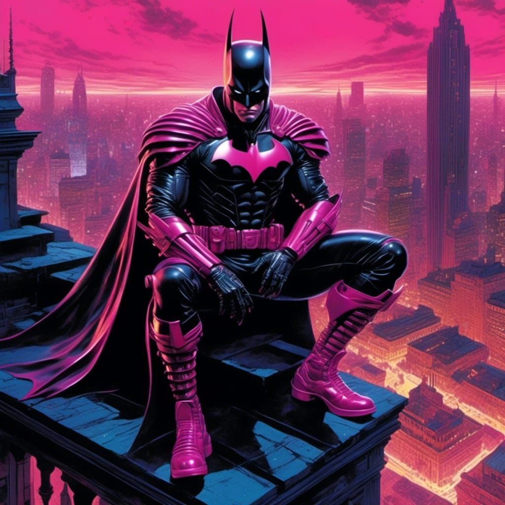 Pink Batman on Gotham Roofs in Biopunk Style