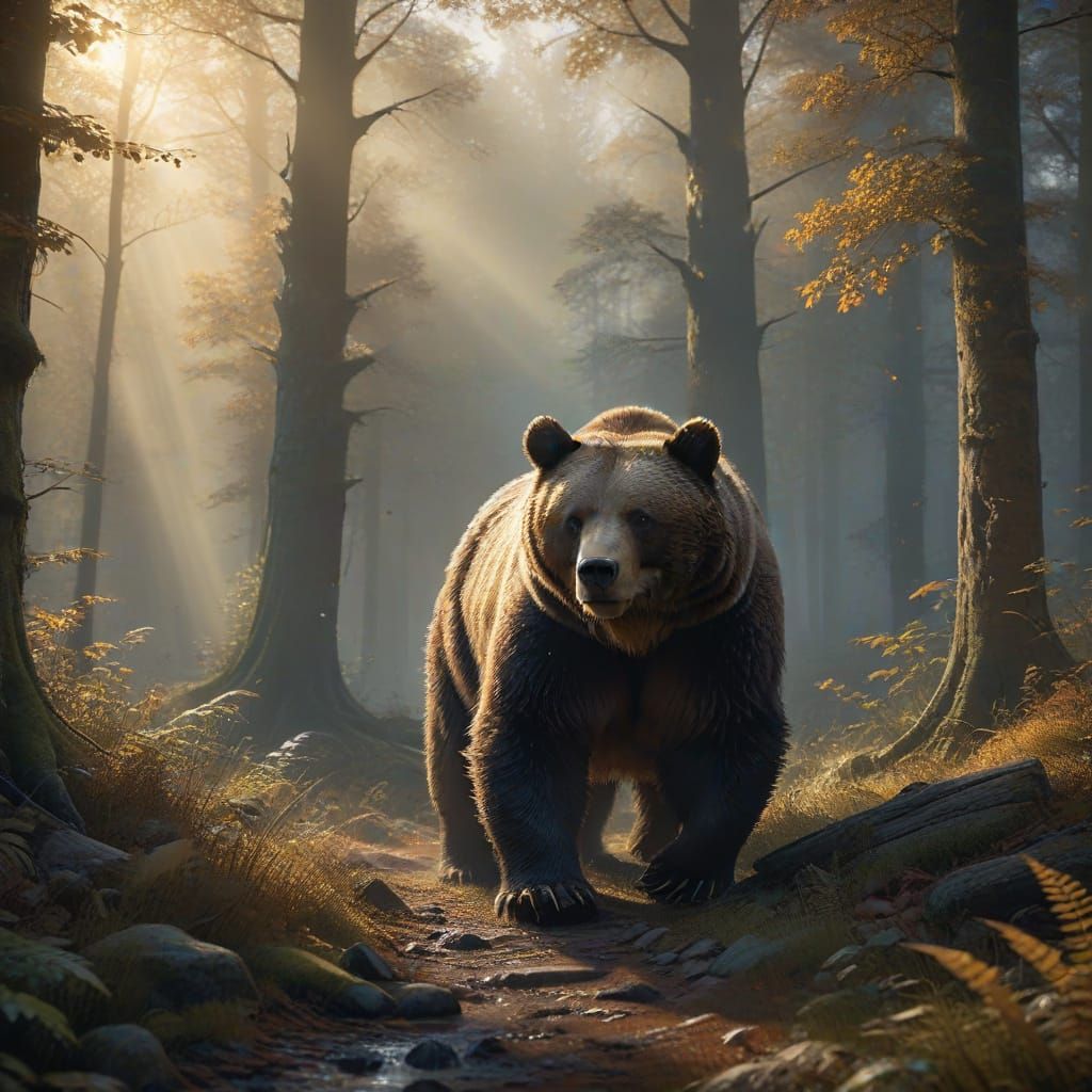 Majestic Autumn Bear Roams Free in Serene Forest Landscape