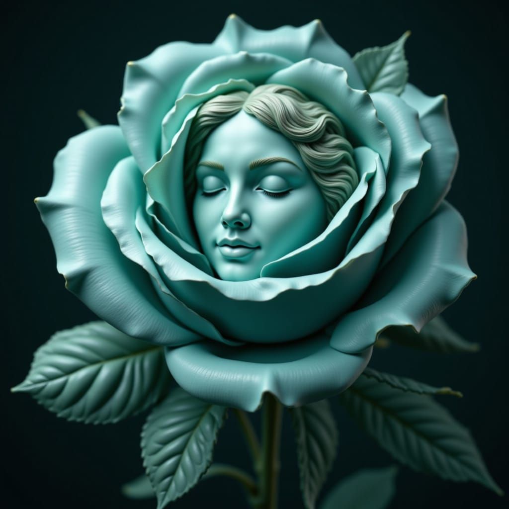Aqua Rose Sculpture with Serene Face in Art Nouveau Style