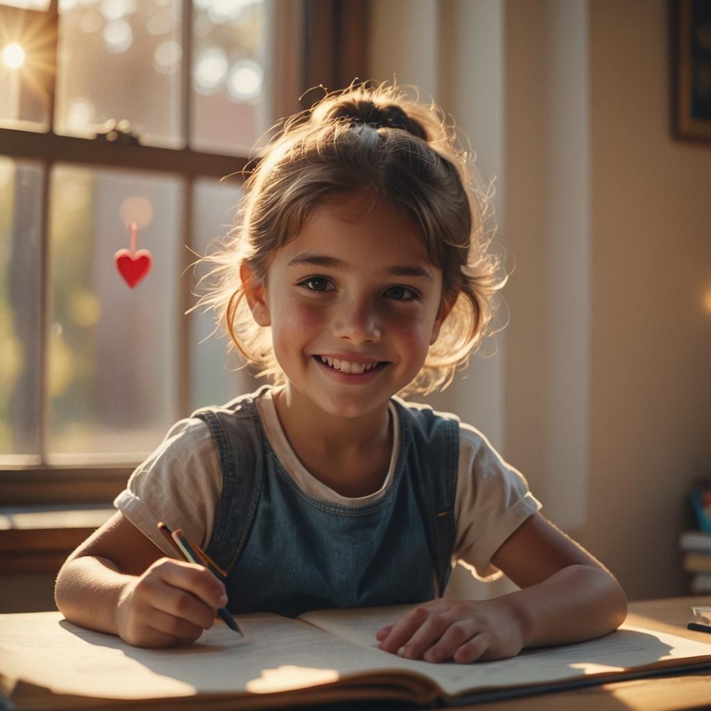 Heartwarming Scene of Child Studying in Golden Light