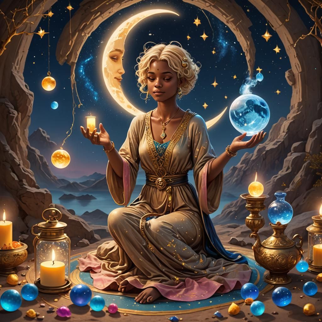 Magical Woman Conjuring Moon Spell in Cosmic Night