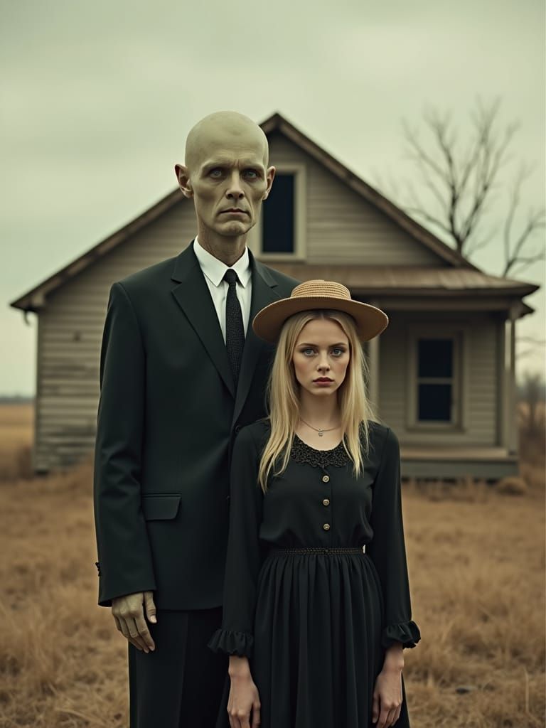 Eerie Vintage Portrait: American Gothic with Sci-Fi Twist