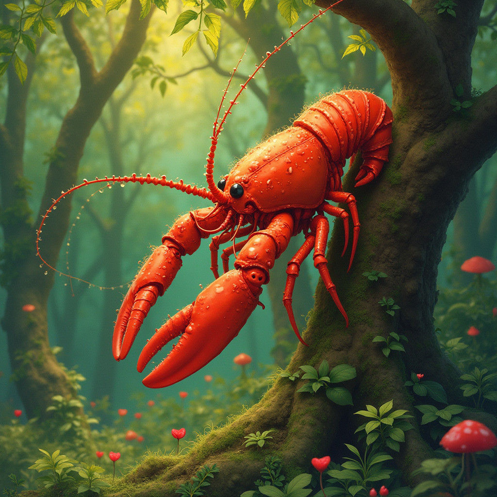 Lobster Climbing Tree in Impressionistic Forest