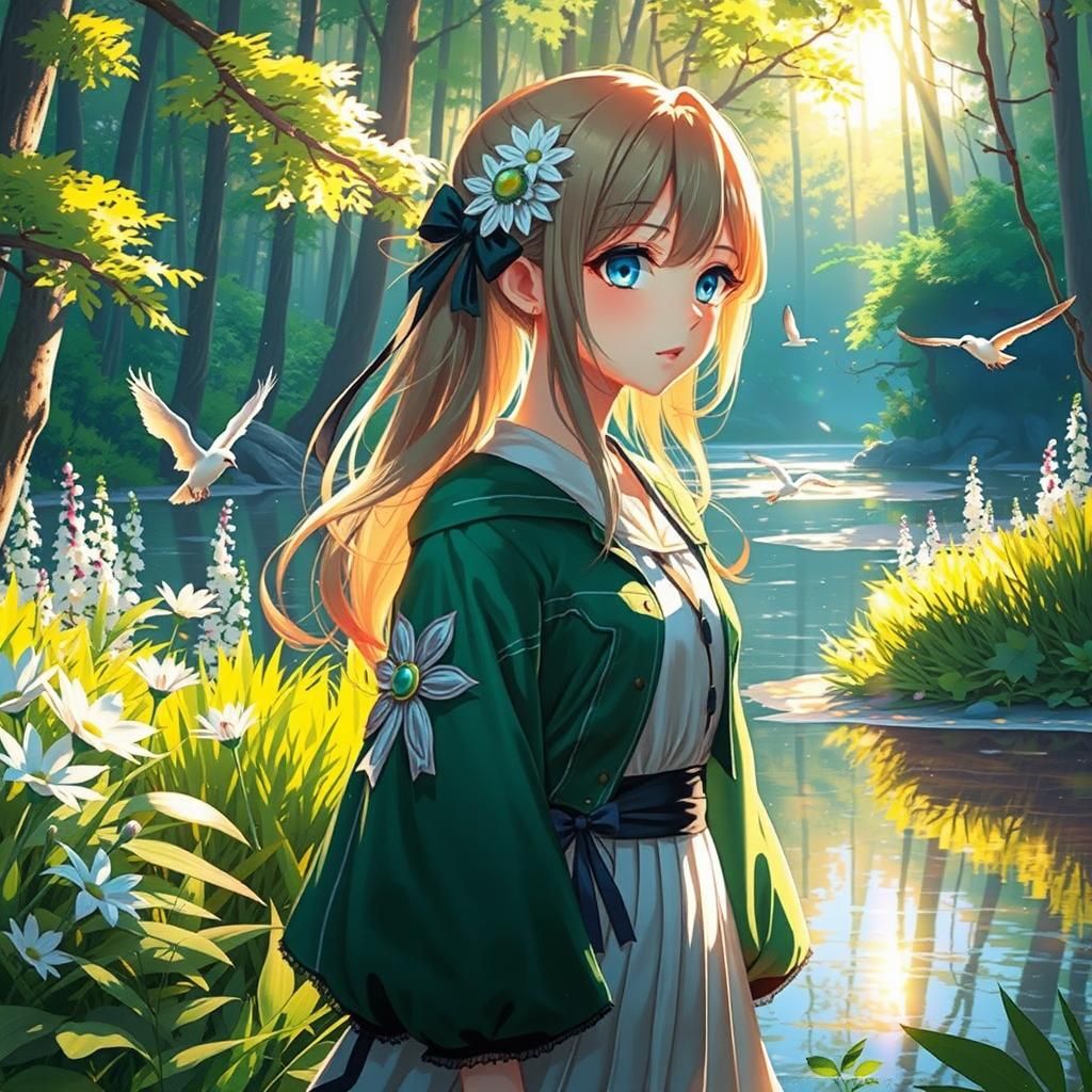 painting of a beautiful girl, forest, lake, sunlight , flowers, birds, by artist "anime", 3D anime art, inspired by WLOP...