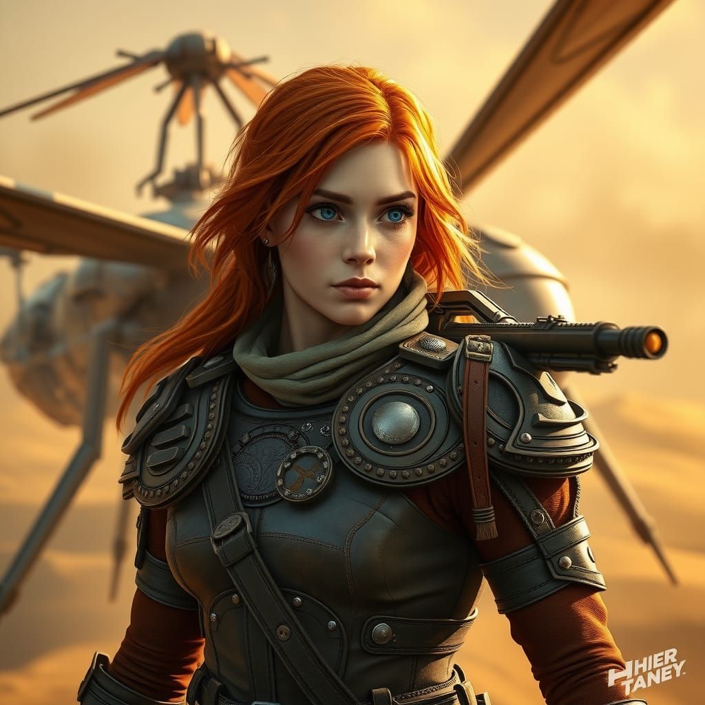 Elegant Red-Haired Warrior in Gritty Sci-Fi Armor