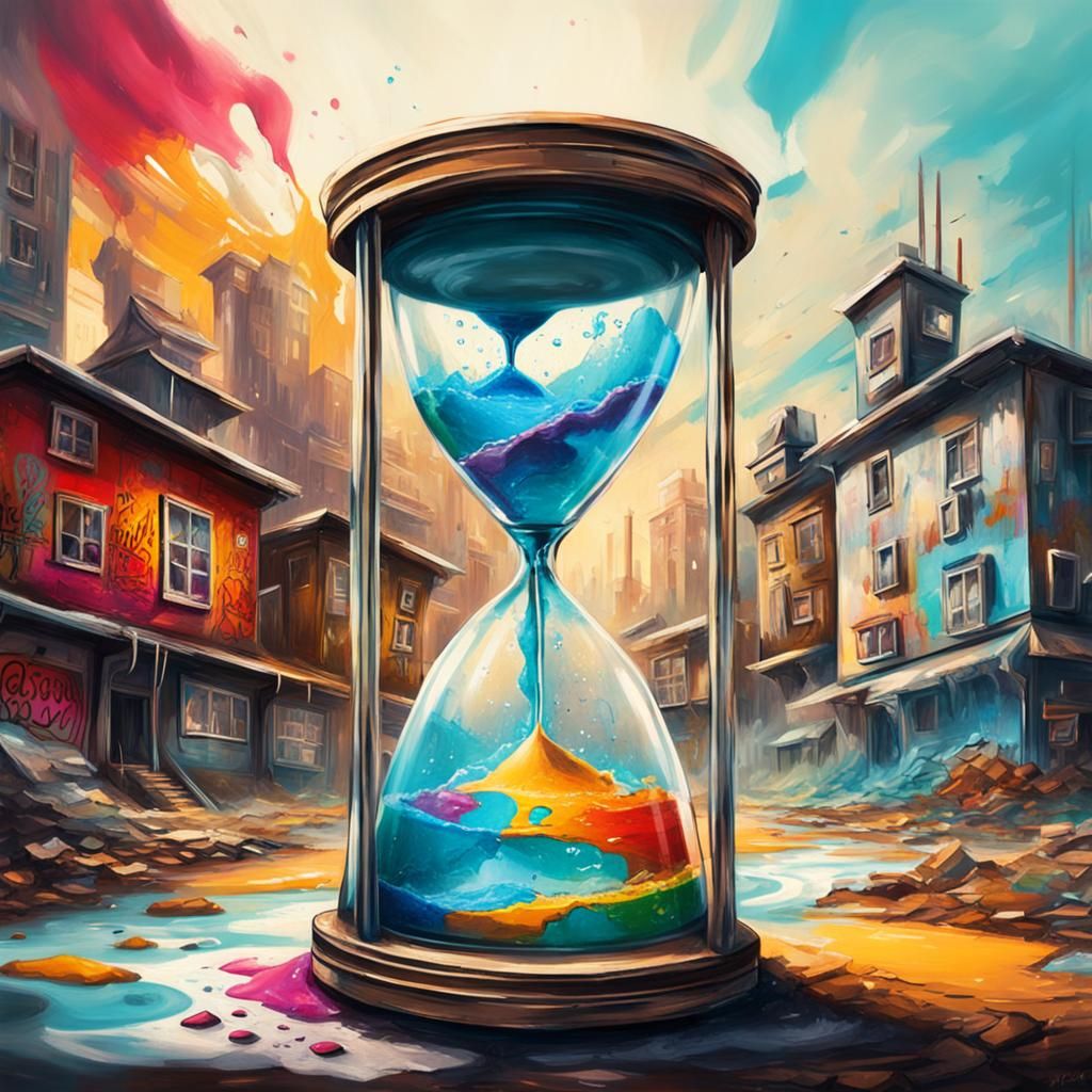 Hourglass with Farm and Futuristic City in Graffiti Art