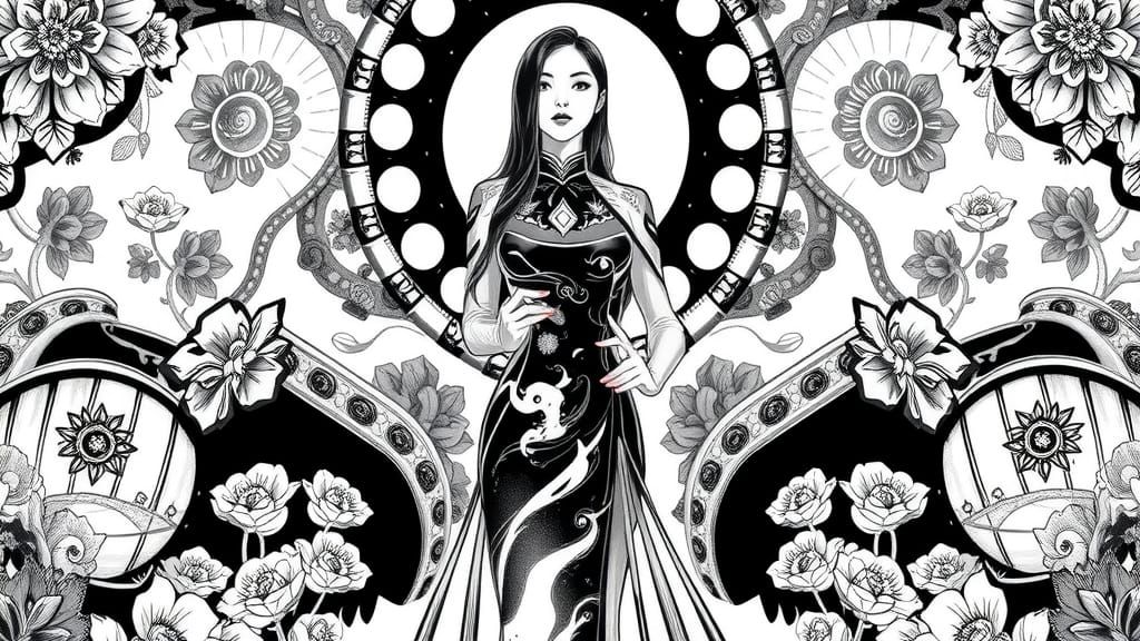 Vietnamese Superheroine in Ao Dai: Ink Drawing