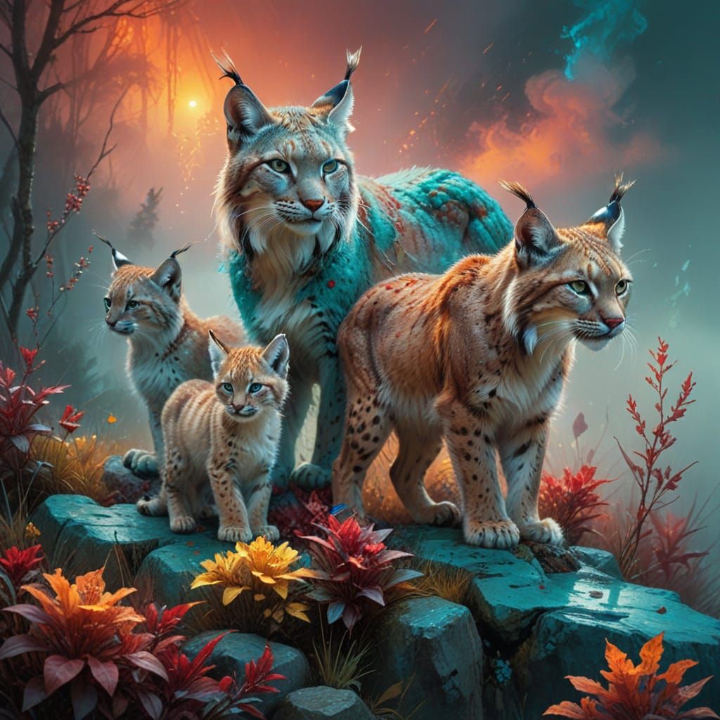 Vibrant Siberian Lynx and Pups in a Hyper-Realistic Grunge L...