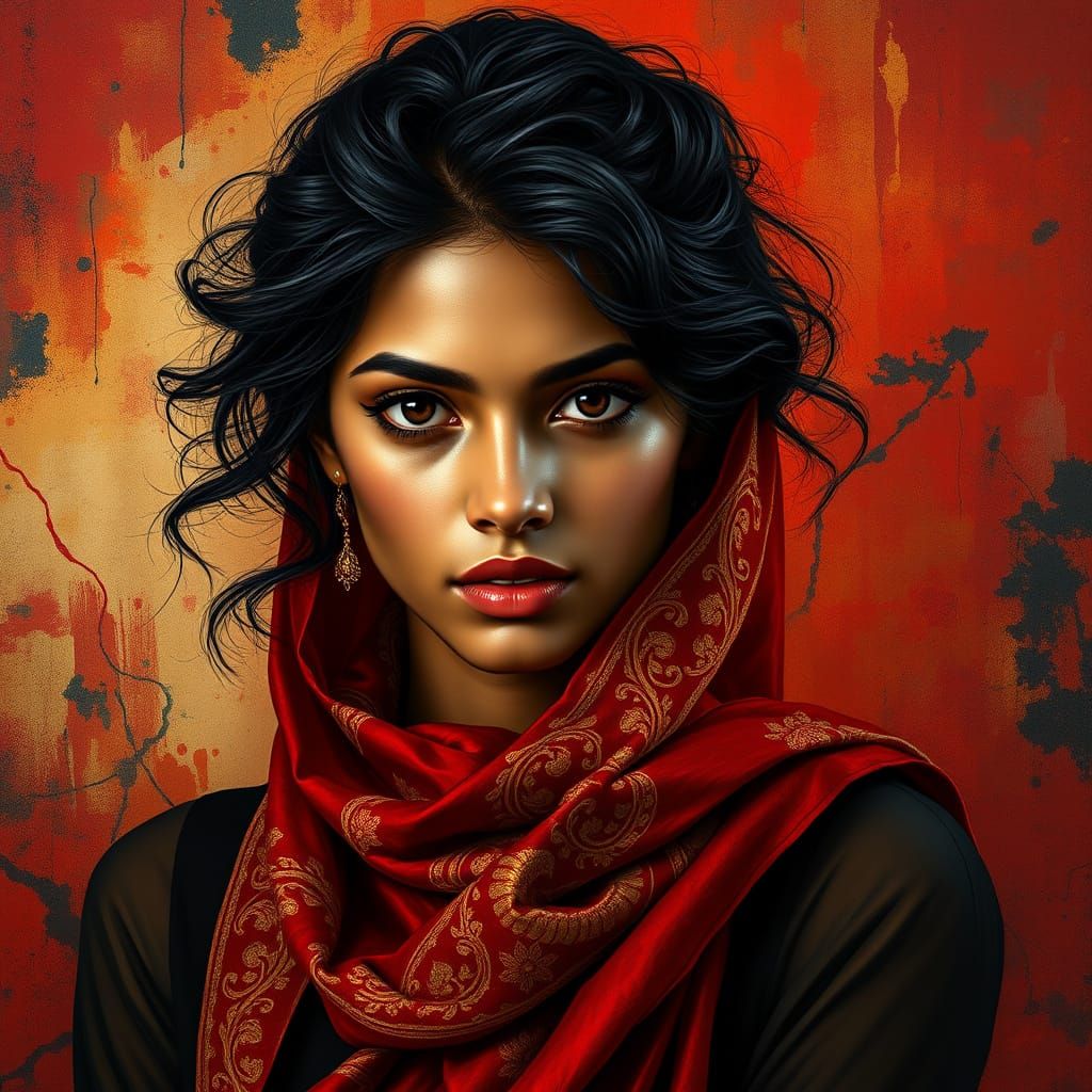Hyper-Realistic Portrait of Indian Woman in Red and Gold Sca...