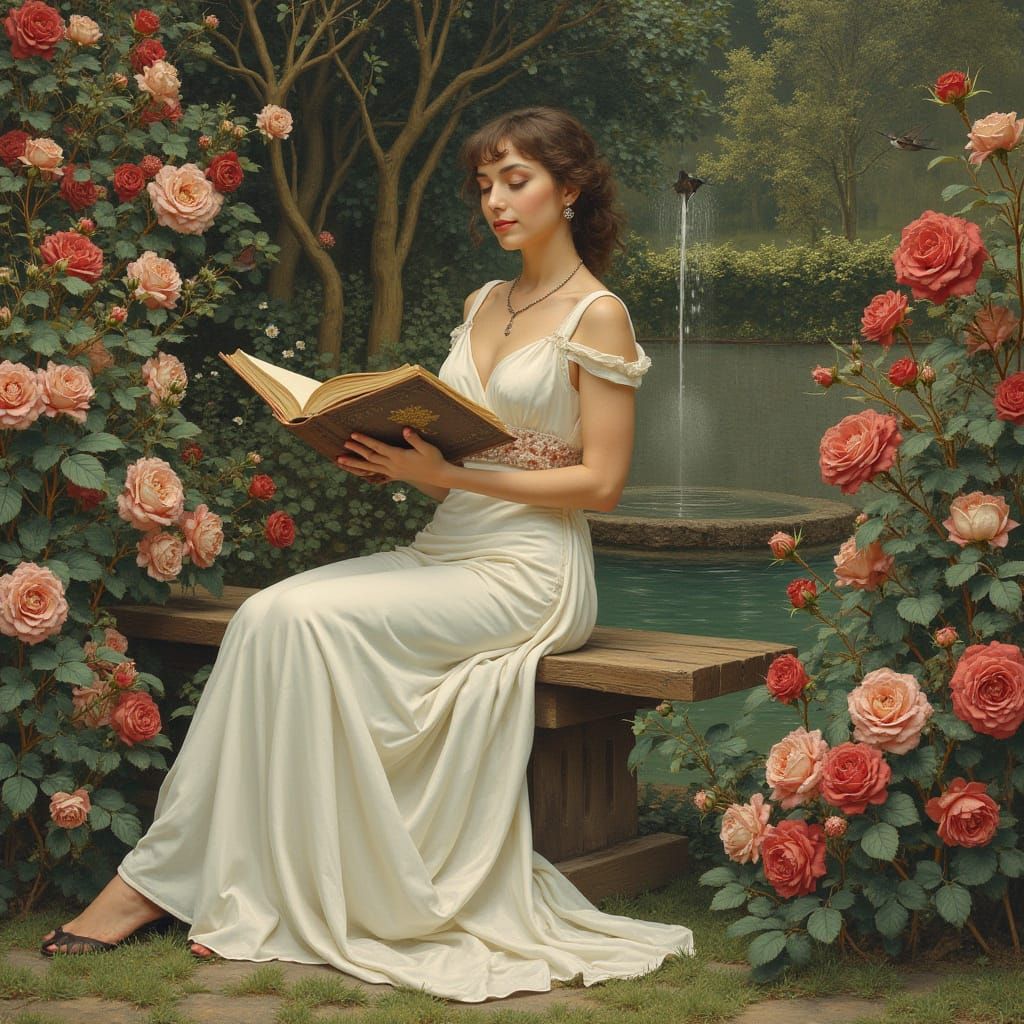 Elegant Woman Reading in Rose Garden, Art Nouveau Style