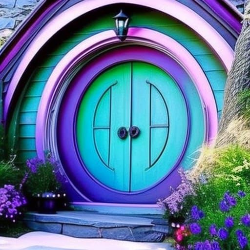 Hobbit den with purple Circular door& purple circular windows& gothic vibes& ethereal vibes& hobbit vibes& Lord of the r...