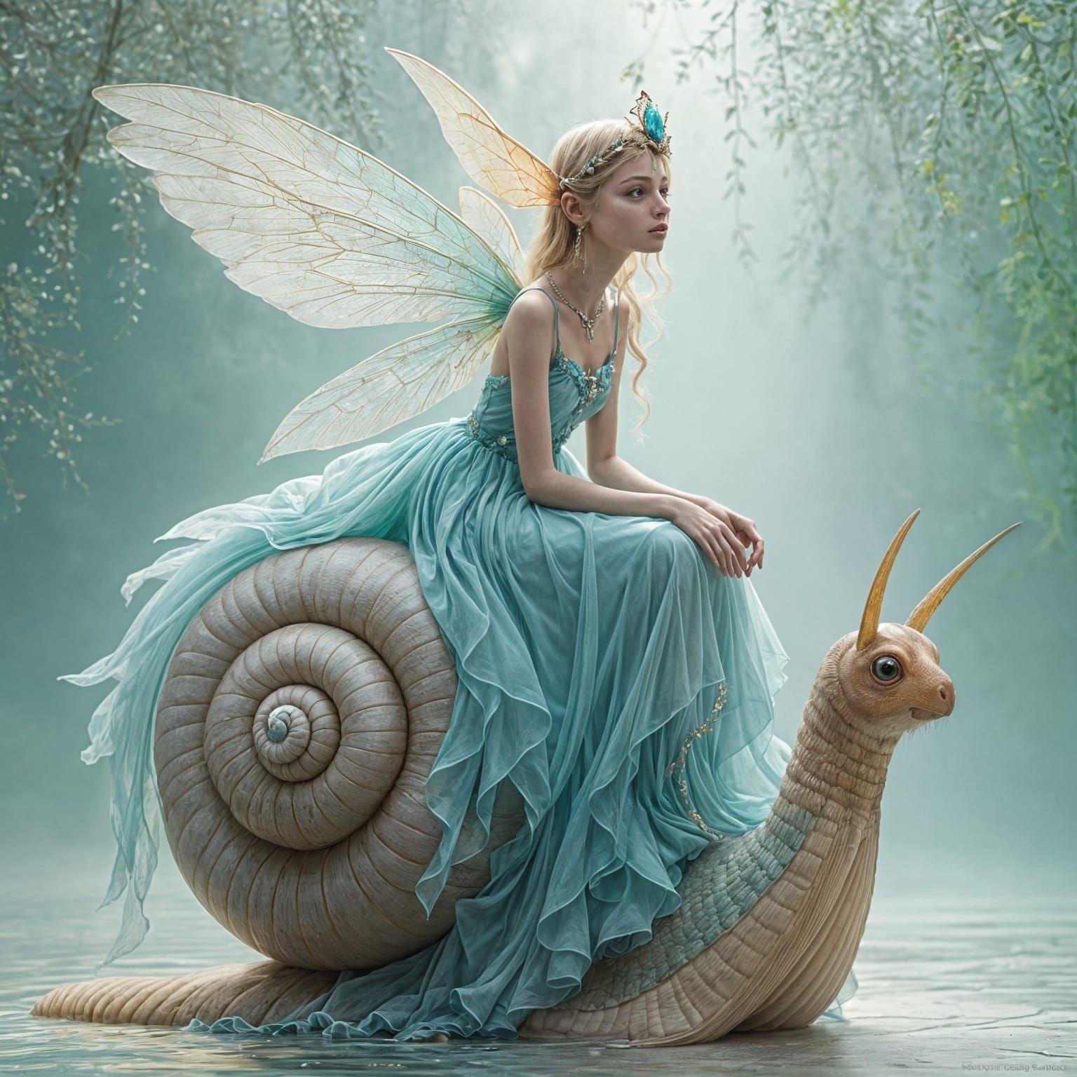 Enchanted Fairy Perched on a Majestic Snail in Dreamy, Ether...