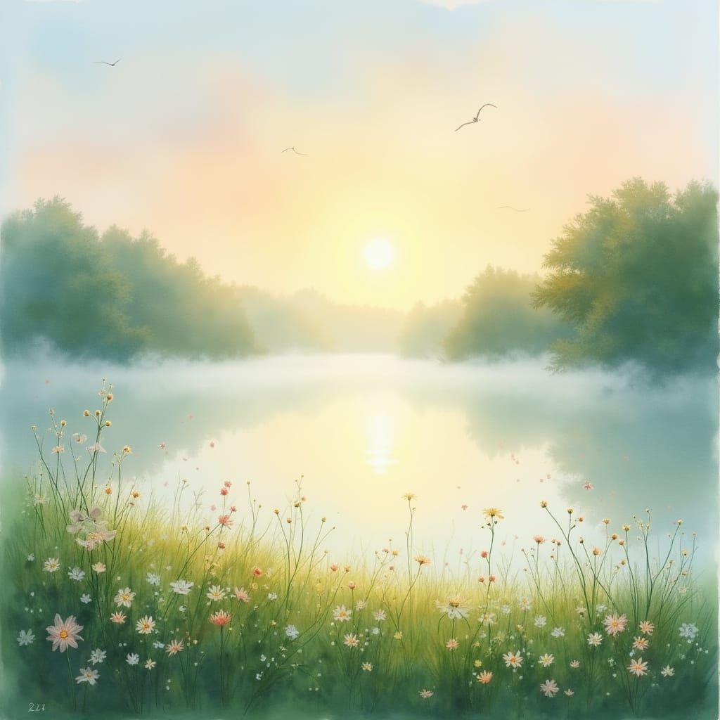 Ethereal Dawn Landscape in Luminous Watercolor Style
