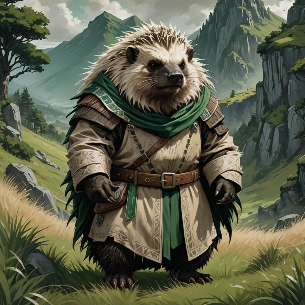 Anthropomorphic Porcupine Druid on Grassy Hill in Fantasy St...