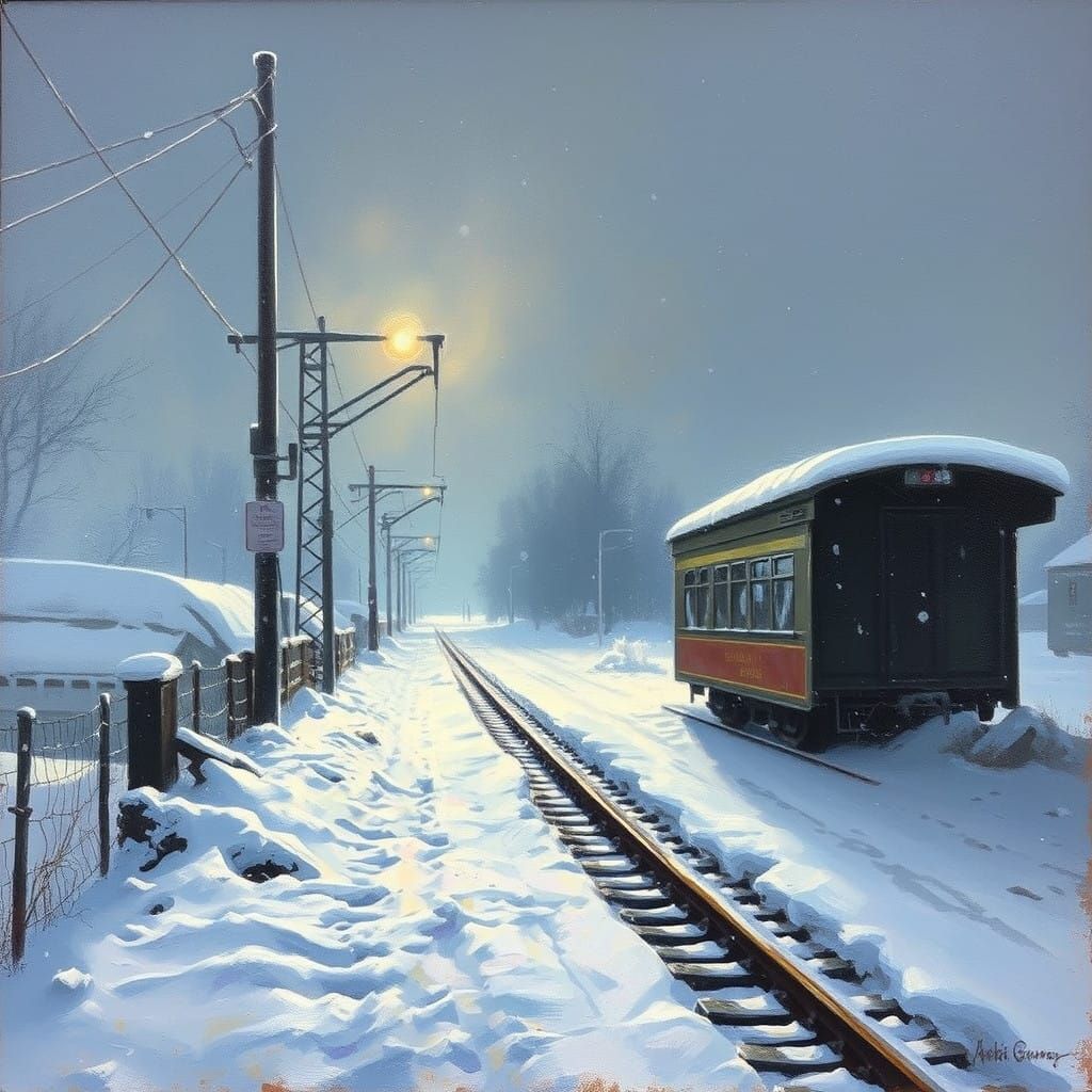 Snowy Station in Melancholic Hush, Cyberpunk Oil Painting