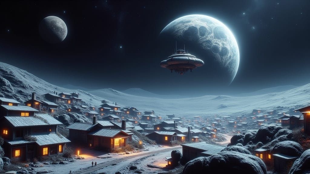 Detailed Lunar Cityscape with Spaceship Landing