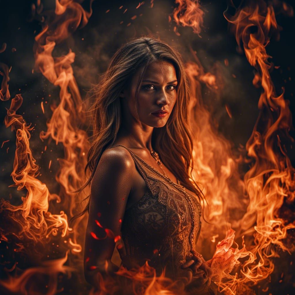 Hyperrealistic Woman Surrounded by Fire