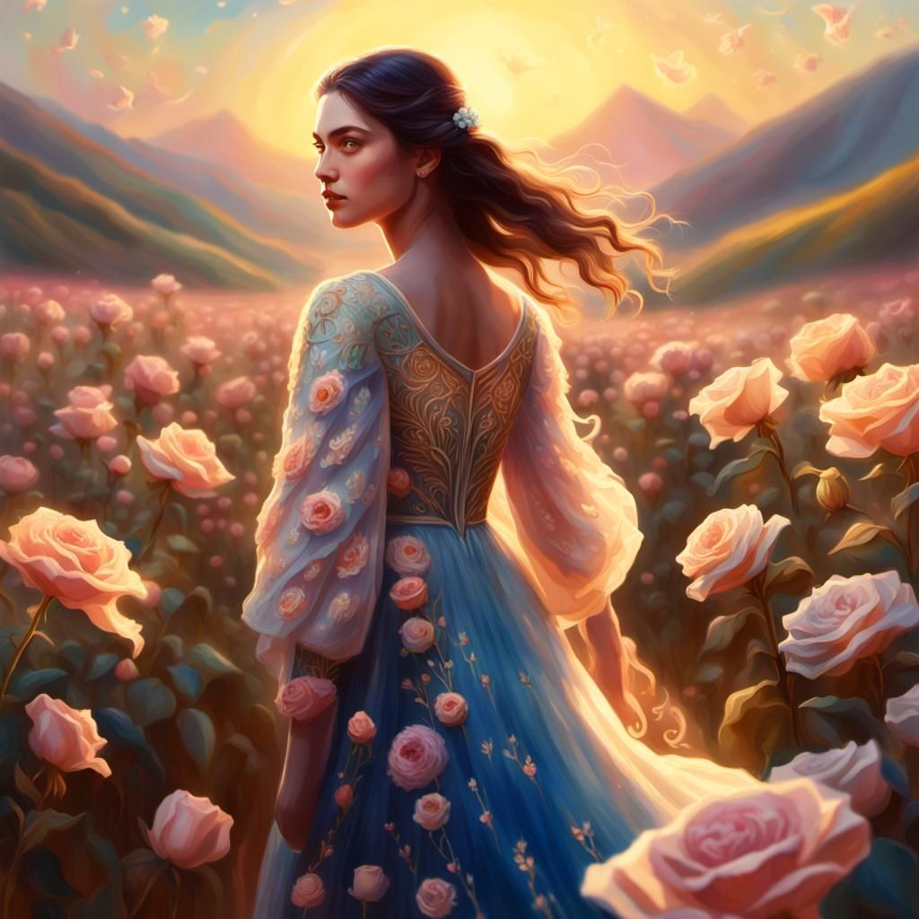 Woman in Rose Field, Digital Portrait