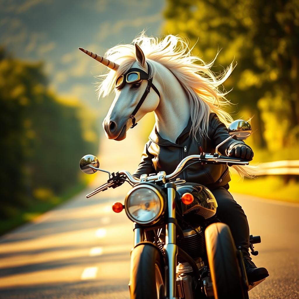 Unicorn Biker Rides Chrome Motorcycle on Highway