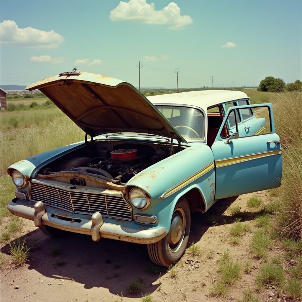 Faded Blue Station Wagon in Sun-Drenched Americana