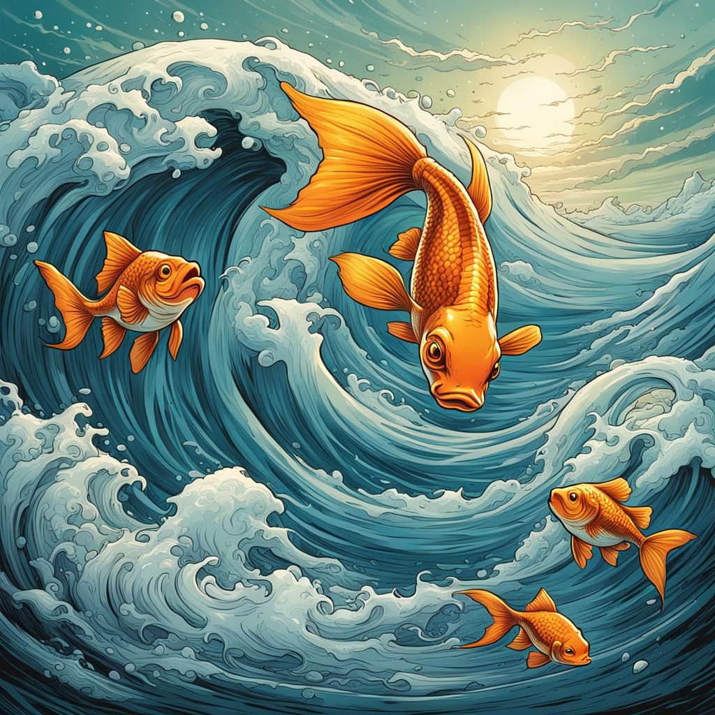Goldfish Rides a Wave in Comic Book Art Style