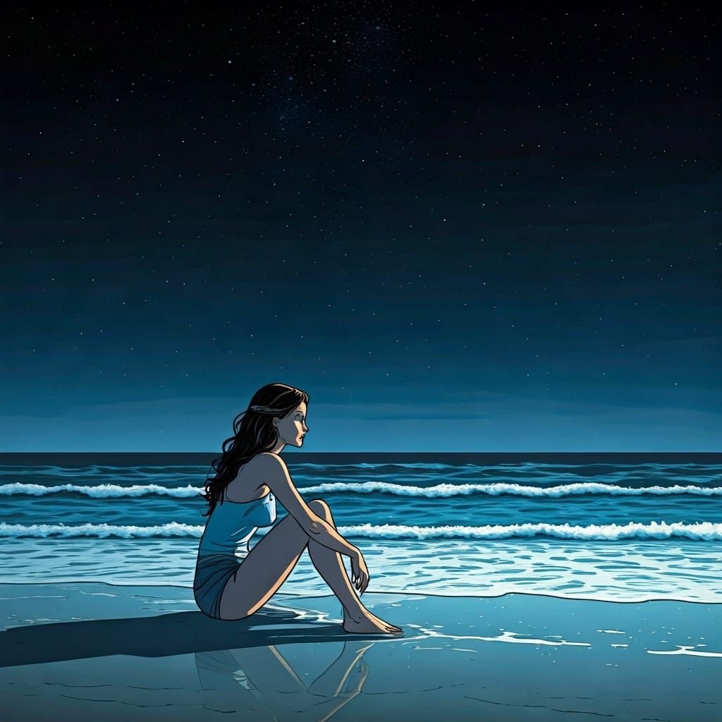 Woman on Beach at Night in Comic Book Art