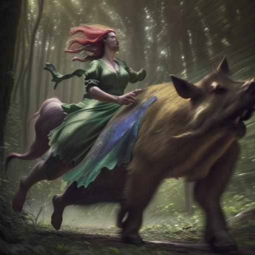 Woman Runs with Boars: Hyperrealistic Surrealist Art