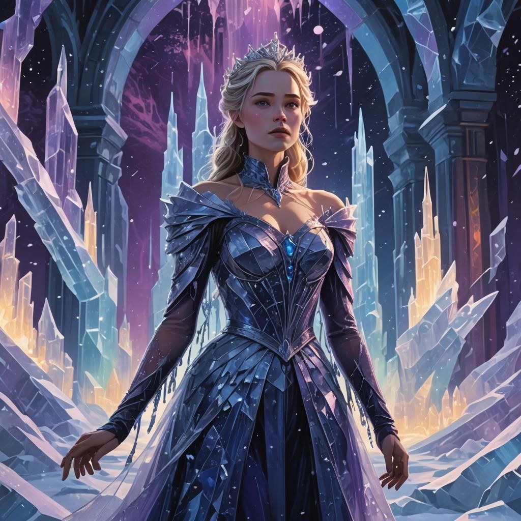 Icy Queen in Frozen Throne Room with Aurora Lights