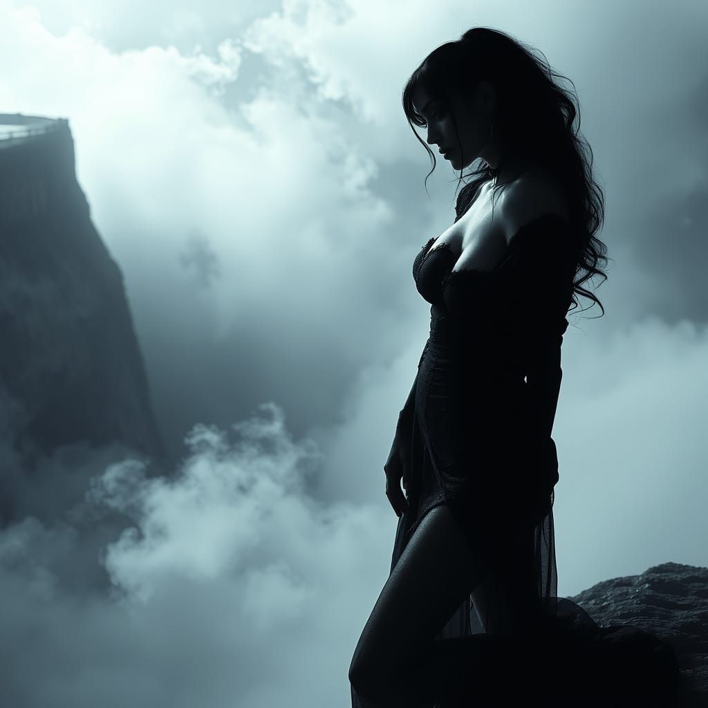 Gothic Woman at Misty Abyss in Royo Style
