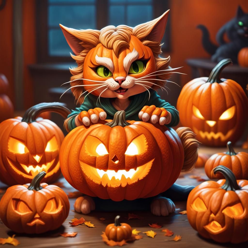Hyperrealistic Catgirl Carving a Cat-o-Lantern