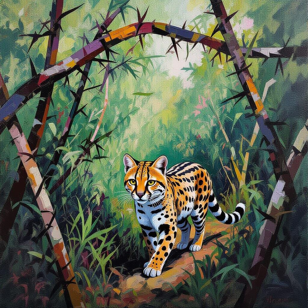 Ocelot in Thorn Forest: Maximalist Impressionism