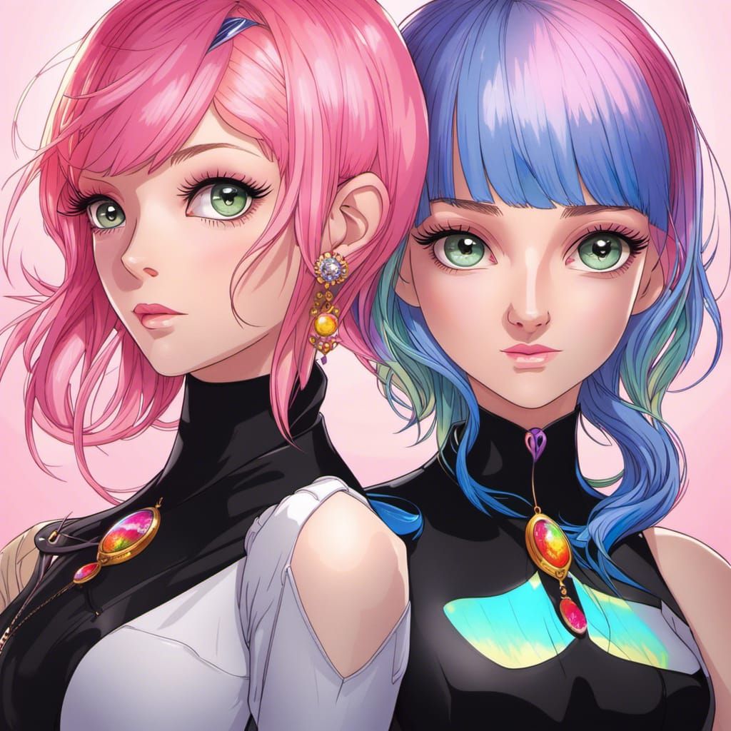 Anime Women with Pink Hair and Rainbow Eyes