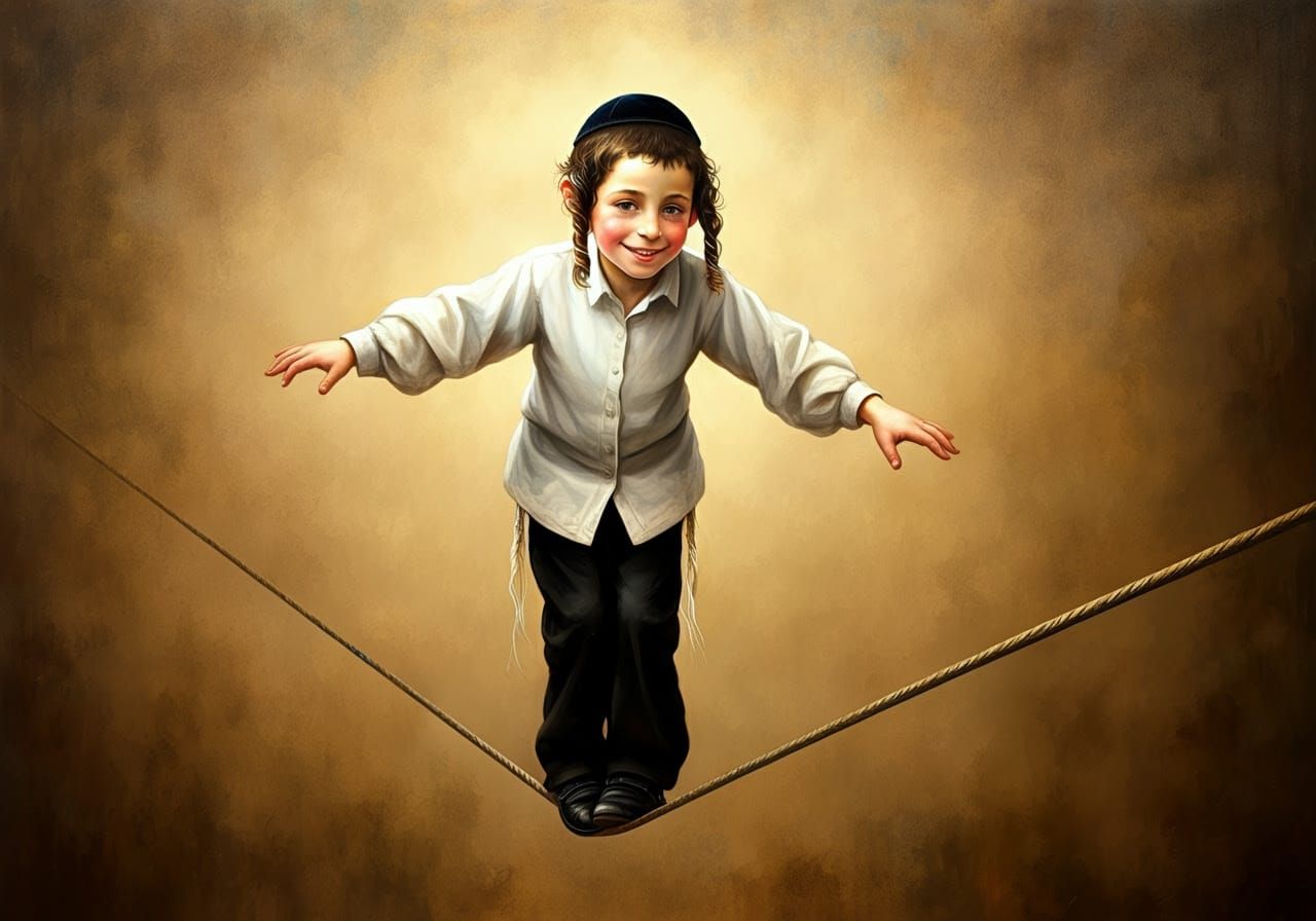Youthful Hasidic Boy Balances on Tightrope in Whimsical, Exp...