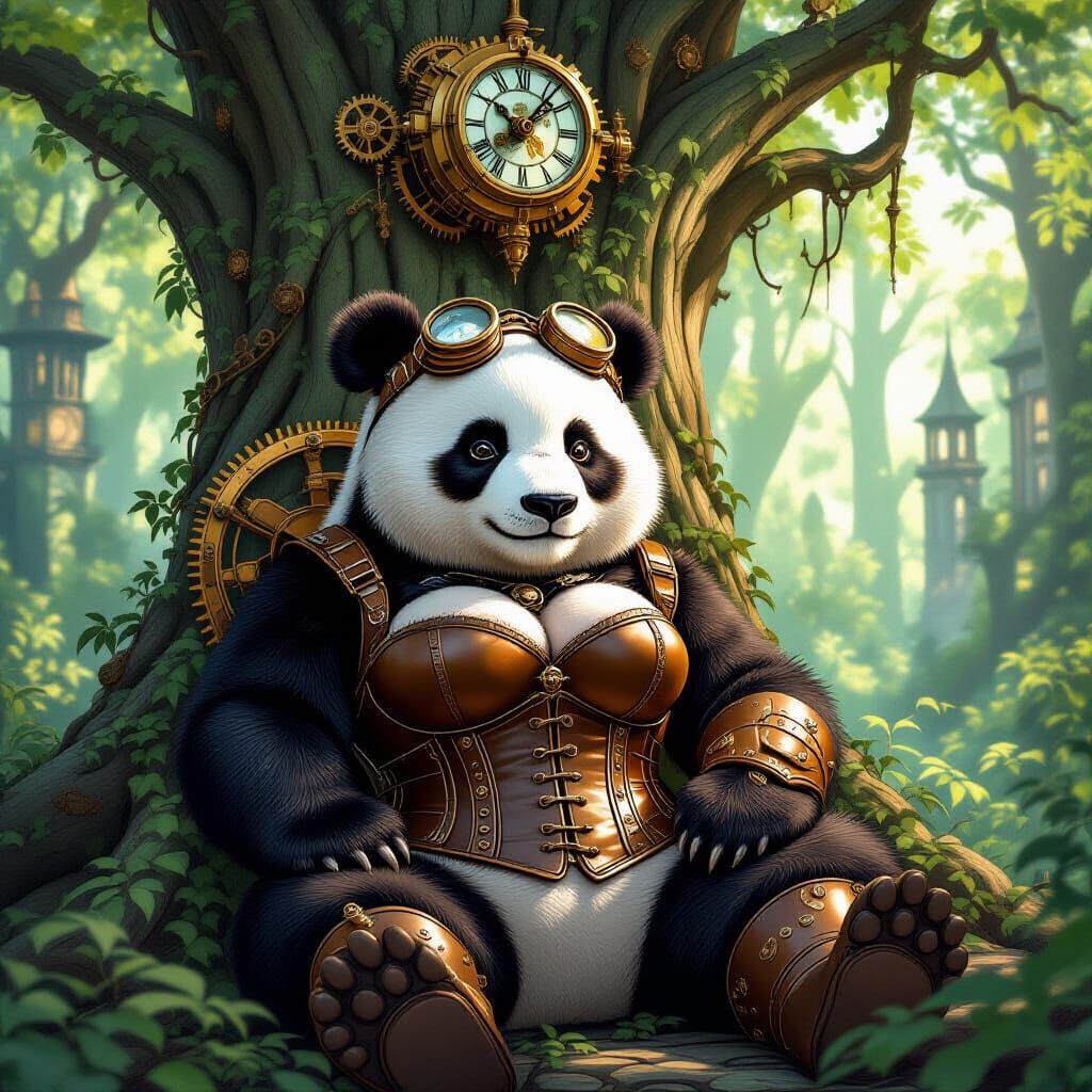 Panda in Steampunk Forest City Digital Painting