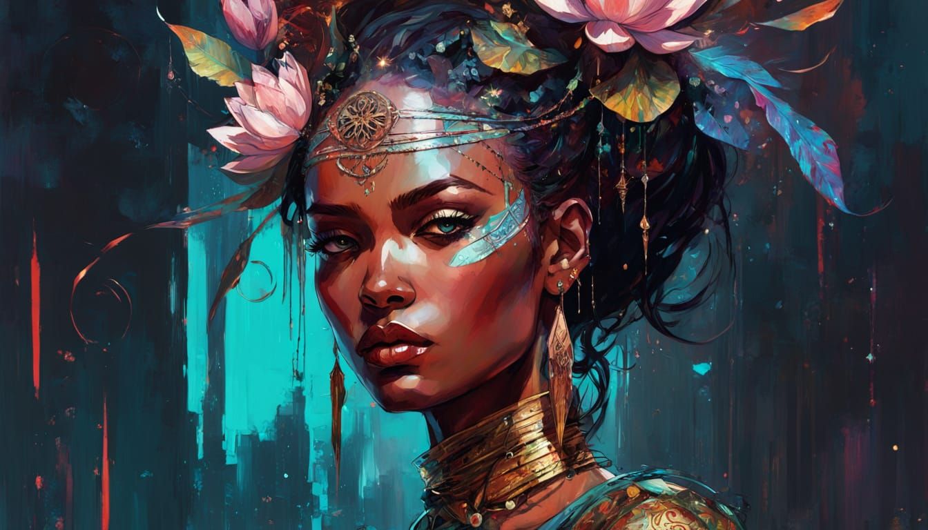 Bioluminescent Warrior with Sacred Geometry, Digital Art