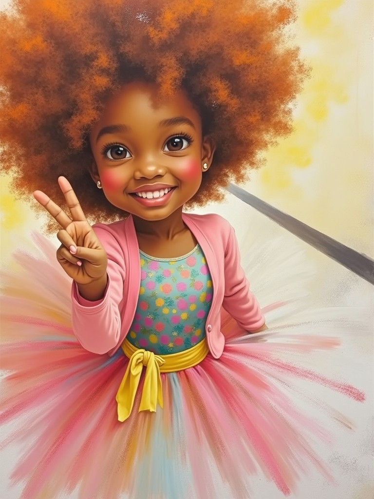 Portrait of African American chubby cute girl wearing a pink tutu and an orange afro  sharing her peace sign with her fi...