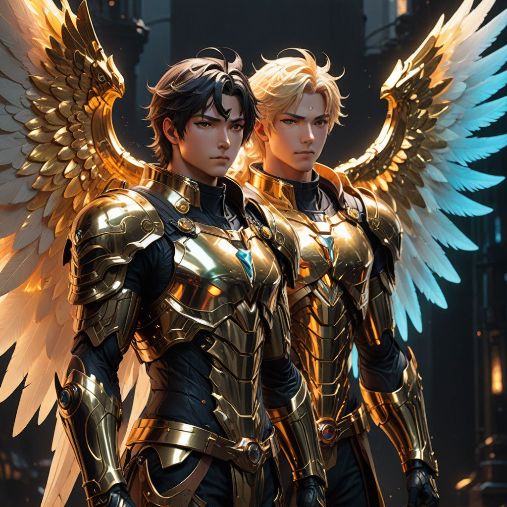 Vibrant Anime Angels and Demons in Gold Accents