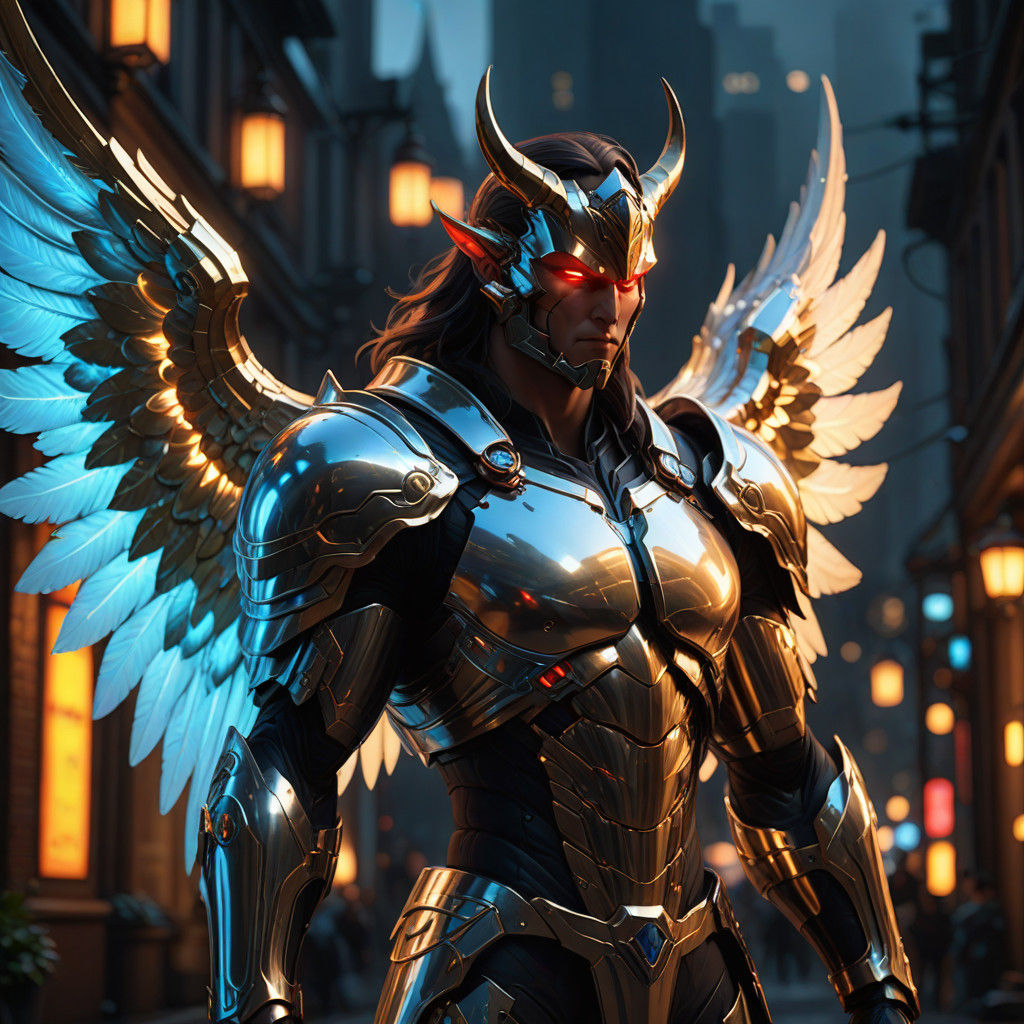 Angel and Demon Stand Side by Side in Golden Light