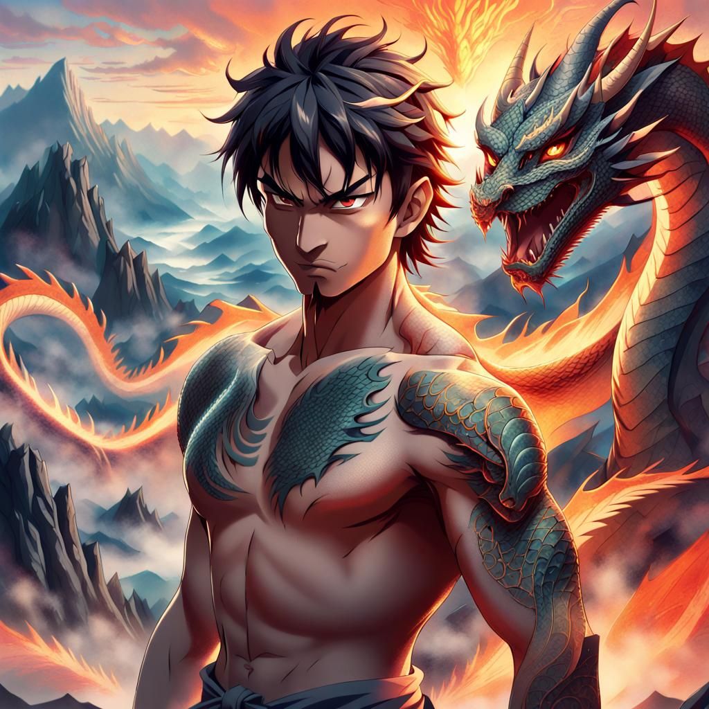 Anime Martial Artist with Dragon Tattoo in Misty Mountains