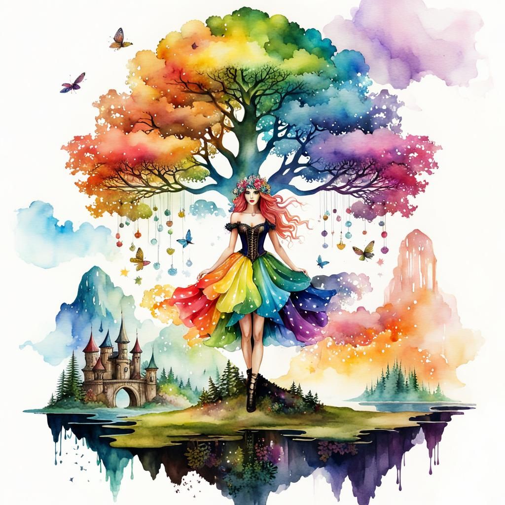 Steampunk Fairy in Watercolour with Rainbow Dress