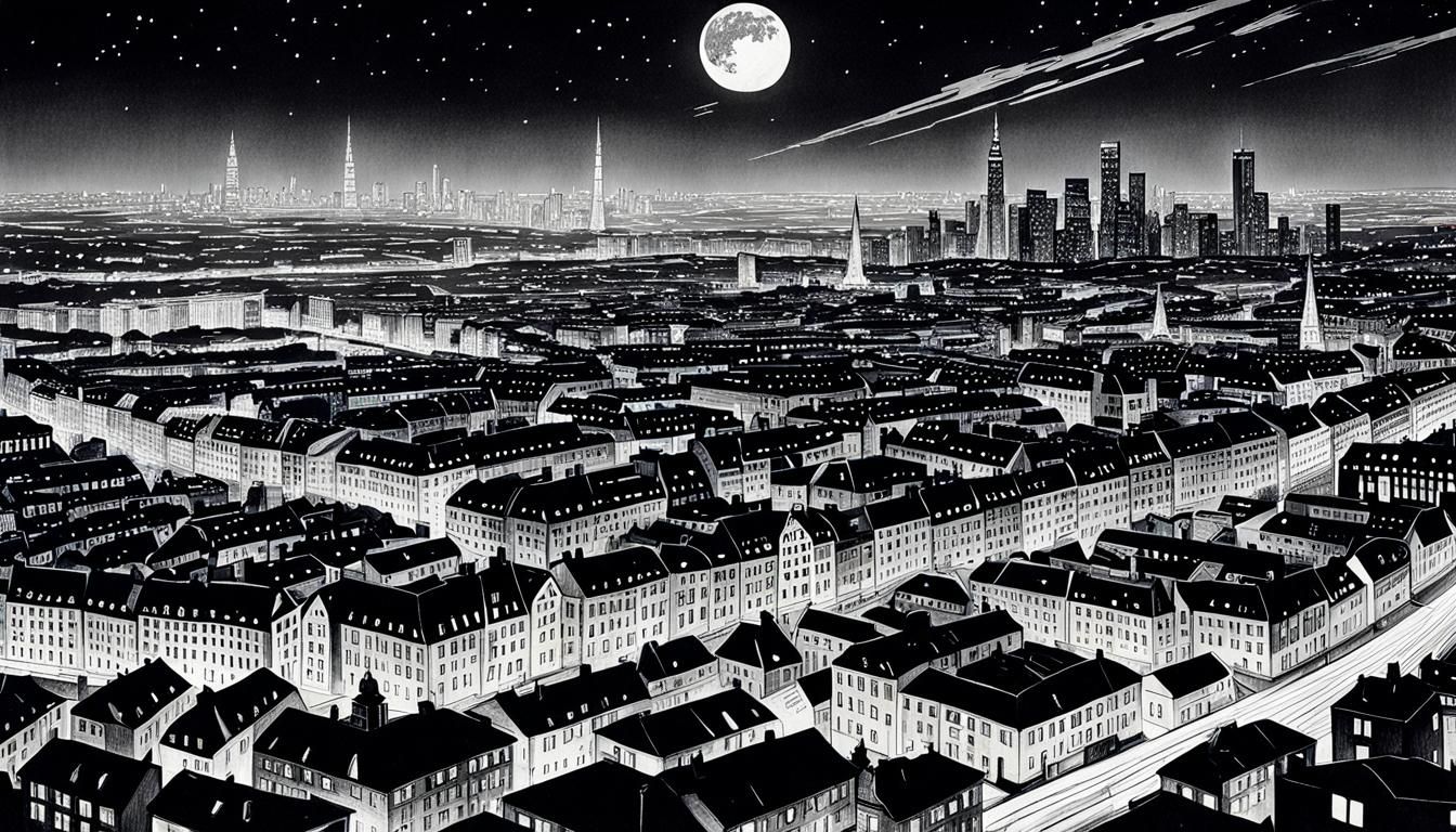 Monochrome Cosmic Cityscape Drawing in Modern Art Style