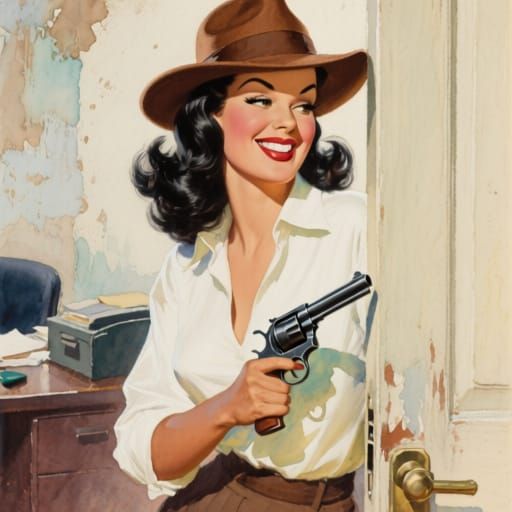 Beautiful Woman in Fedora with Revolver, Impressionist Water...