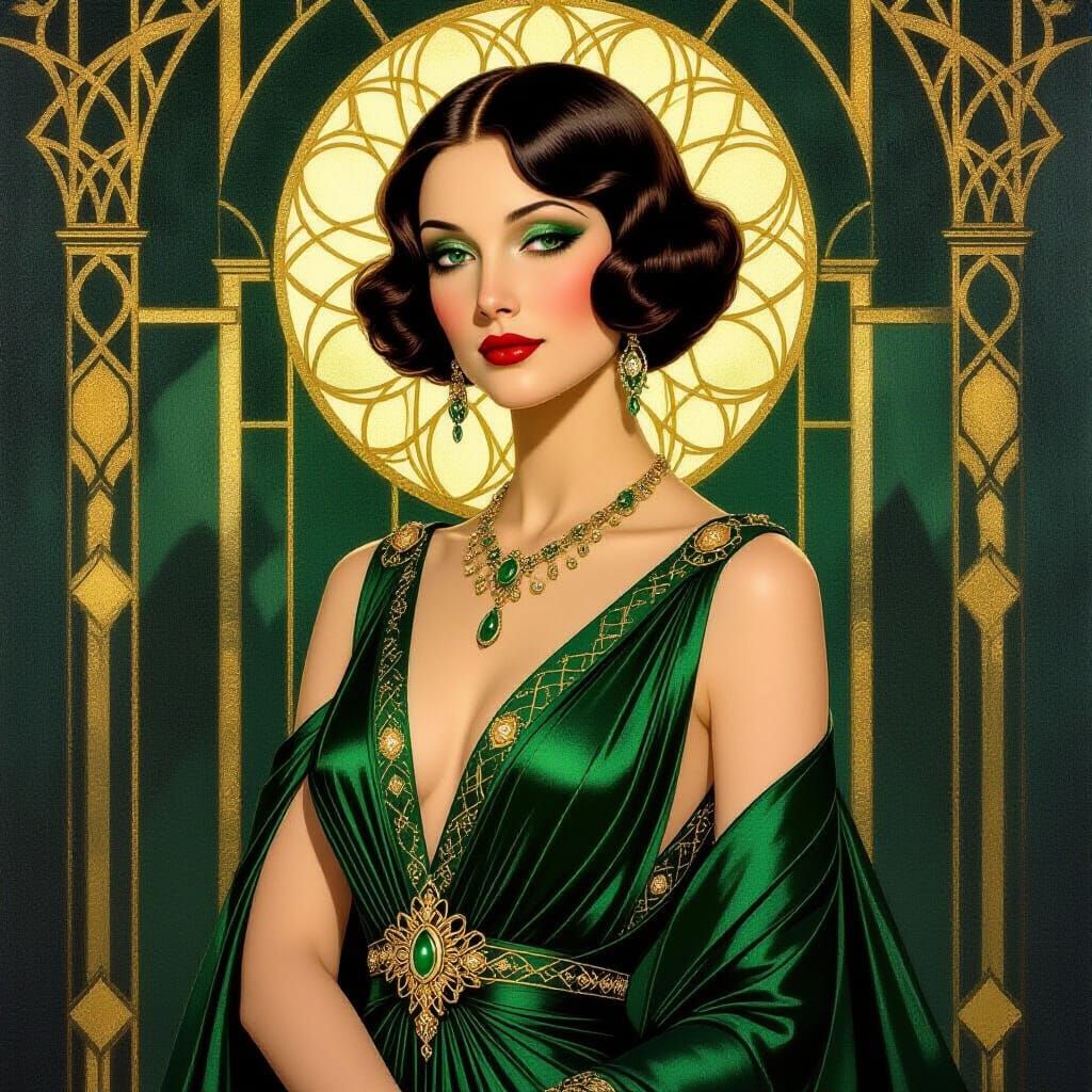 Art Deco Emerald Gown Portrait with Gold Accents